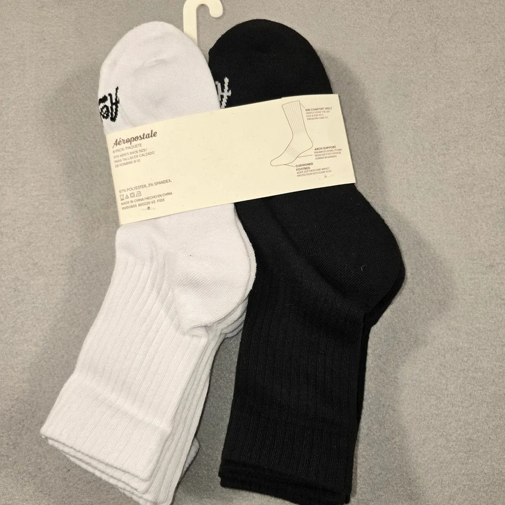 NWT 6-Pack Aeropostale Mens 6-12 Black White Crew Socks Athletic Aero 87 Graphic